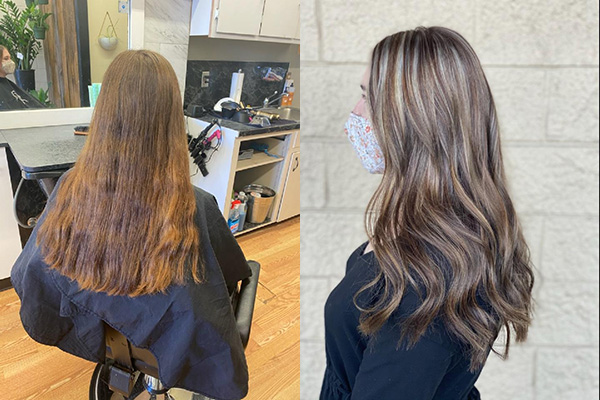 Girl showing before and after blonde hair coloring