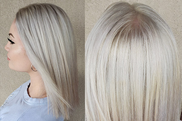 Girl showing before and after blonde hair coloring