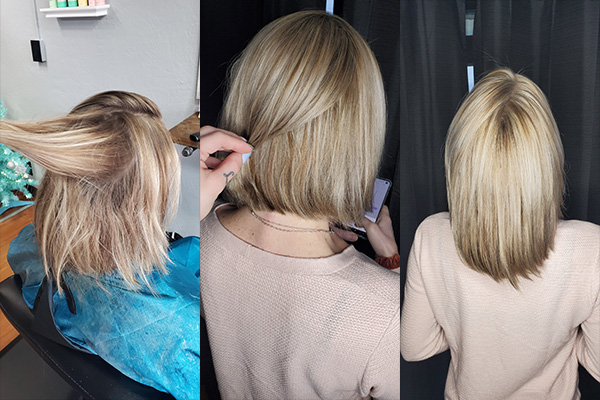 Girl showing before and after blonde hair coloring