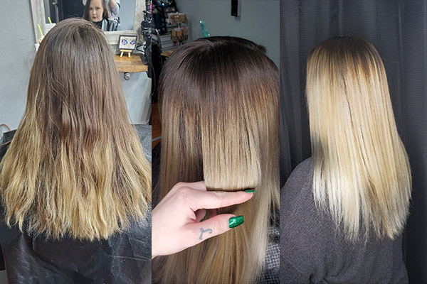 Girl showing before and after blonde hair coloring