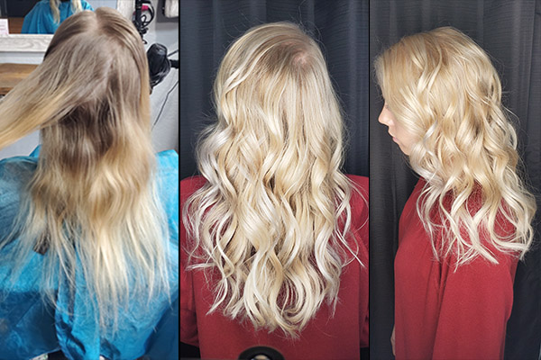 Girl showing before and after blonde hair coloring