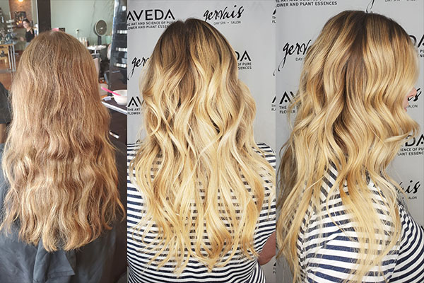 Girl getting her long hair cut and styled