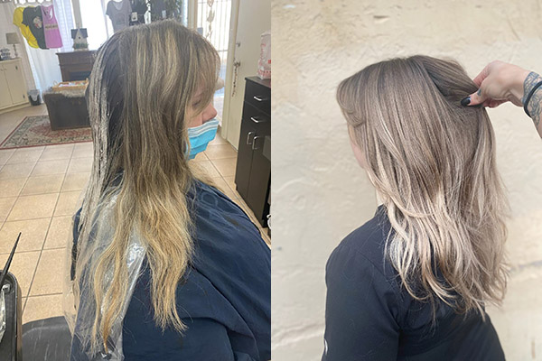 Girl getting her long hair cut and styled