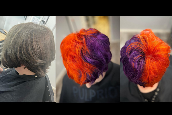 Girl getting her hair Shortened, Colored and styled.